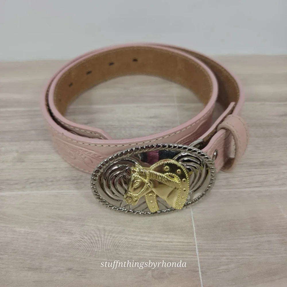 Nocona WESTERN Tooled Belt‎ & Horse Head Buckle Pink Genuine Leather 27
